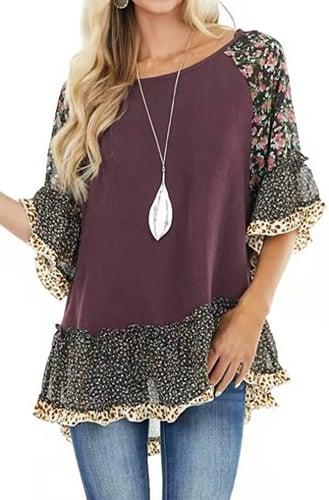 Women's Shirt Boho Shirt Tunic Blouse Streetwear Casual Floral Leopard Regular Tops 3/4 Length Sleeve Round Neck Ruffle Print Flowing tunic Regular Fit Daily Weekend Black White Light Green Blue