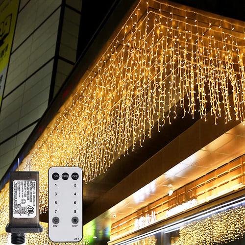 Outdoor Christmas Icicle Window Curtain Lights 6x1M-300LED Plug in 9 Colors Remote Control Window Wall Hanging Light Warm White RGB for Bedroom Party Garden Christmas Decorations 31V EU/US/AU/UK Plug