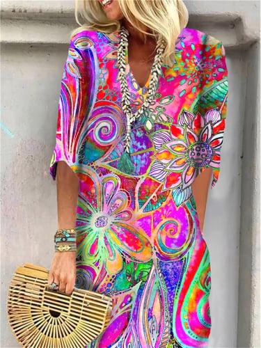 Women's Shift Dress Floral Paisley Print Split Neck Midi Dress Daily Date Half Sleeve Summer Spring