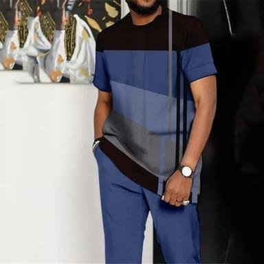 Men's Graphic Color Block 2pcs Tee Top Short Sleeve Long pants Tees sets Crew Neck Designer Casual Comfortable Outdoor Vacation Daily 3D Print Blue Dark Green Brown