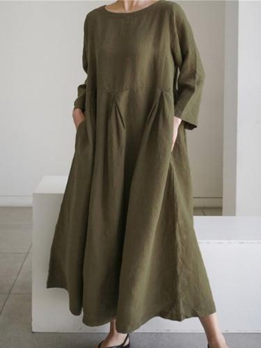Women's Casual Dress Cotton Summer Dress White Cotton Dress Maxi Dress Linen Pocket Casual Daily Vacation Crew Neck Long Sleeve Summer Spring Fall ArmyGreen Black Plain