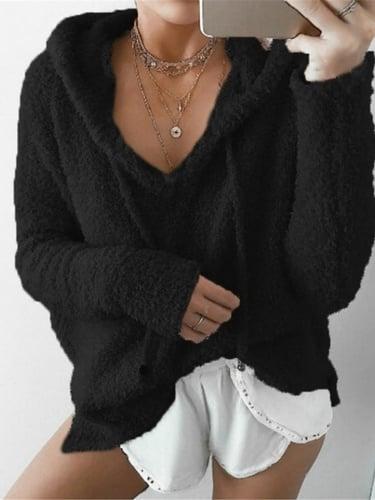 Women's Pullover Sweater Jumper Stylish Casual Soft Solid Color Ribbed Hooded Lace up Long Sleeve Knit Daily Going out Weekend Black White Fall Winter