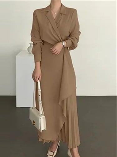 Women's Casual Dress Maxi long Dress Pleated Daily Elegant Fashion Shirt Collar Long Sleeve Black Brown Apricot Color