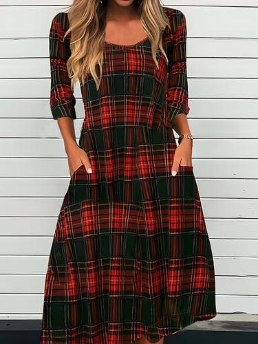 Women's Midi Dress Plaid Square Neckline Three-Quarter Sleeve A-line Red Green Yellow Black Casual to Dressy Fall Winter Regular Fit Clothing Apparel