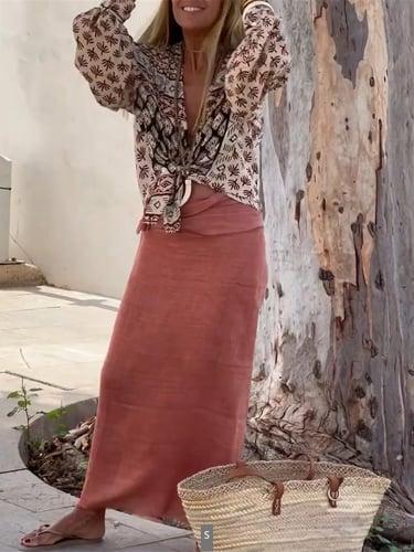 Women's Dress Set Casual Dress Skirt Set Print Dress Fashion Streetwear Floral Lace up Print Long Dress Maxi Dress Long Sleeve V Neck Outdoor Vacation Pink Spring Fall Regular Fit