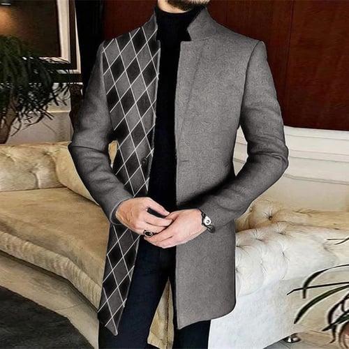 Men's Plaid Argyle Graffiti Winter Coat Overcoat Coat Warm Breathable Comfortable Fashion Streetwear Business Work Wear to work Going out Pocket Print Fall & Winter Turndown Long Sleeve Black White