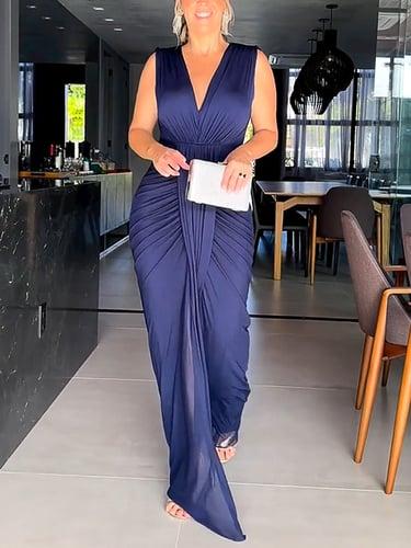 Women's Black Dress Prom Dress Party Dress Ruched Backless V Neck Sleeveless Formal Winter Dress Navy Blue Spring Fall