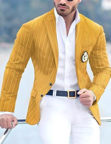 Men's Cocktail Attire Blazer Business Formal Evening Wedding Party Only tops Fashion Casual Summer Spring &  Fall Polyester Stripes Pocket Casual / Daily Single Breasted Blazer Black White Yellow Pink
