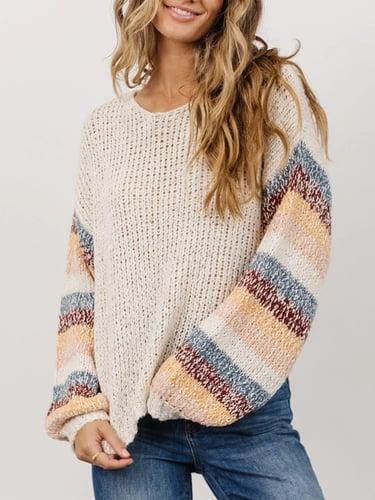 Women's Pullover Sweater Jumper Stylish Plus Size Casual Striped Ribbed Crew Neck Patchwork Long Sleeve Regular Tops Knit Outdoor Going out Weekend White Fall Winter