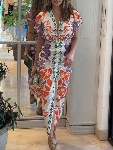 Women's Winter Dress Sheath Dress Floral Ruched Print V Neck Long Dress Maxi Dress Daily Date Short Sleeve Fall Winter