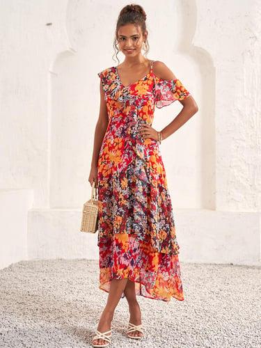 Women's Tiered Dress Boho Floral Midi Dress Sleeveless One Shoulder Ruffle Regular Fit Vacation Red Summer