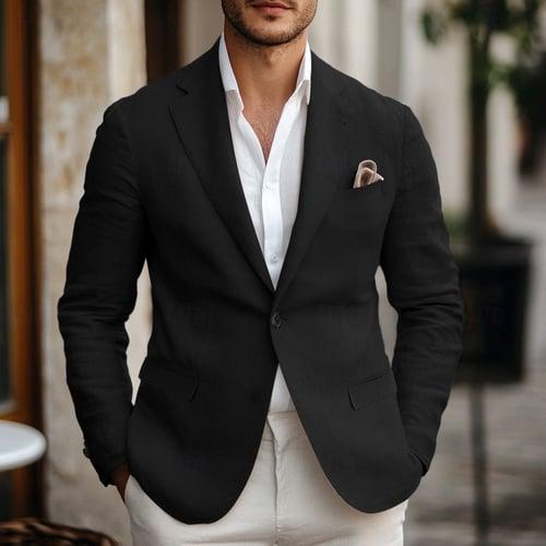 Men's Linen Blazer Sport Coat Beige Cotton Blend Outdoor Work Daily Pocket Fashion Spring & Fall Solid Color Button Pocket Single Breasted Blazer