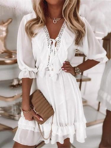 Women's White Dress Mini Dress Chiffon Lace up Ruffle Date Vacation Streetwear V Neck Half Sleeve White Color