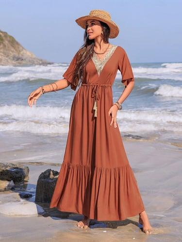 Women's Casual Dress Elegant Casual Carnival Plain Maxi Dress Short Sleeve V Neck Patchwork Tassel Tie Regular Fit Home Work Daily Brown Summer Spring Fall Winter
