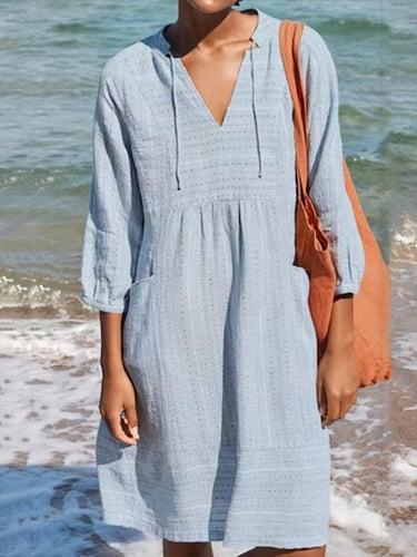 Women's Linen Dress Cotton Summer Dress Midi Dress Basic Casual Daily Vacation V Neck 3/4 Length Sleeve Summer Spring Black Blue Plain