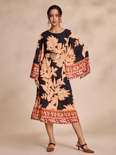 Chiffon Leaf Print Long Sleeve Midi Dress
