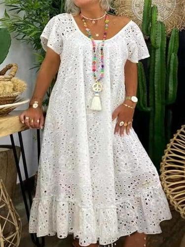 Women's White Dress Long Dress Maxi Dress Cotton Lace Ruffle Date Streetwear Maxi Crew Neck Short Sleeve Black White Color