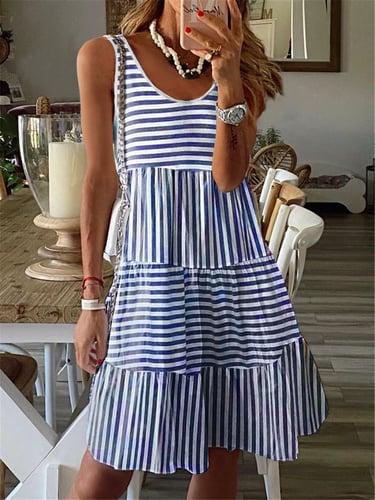 Women's Striped Sundress Sleeveless Round Neck Tank Top Style Tiered Skirt Casual Summer Day Dress Black White Flowy Regular Fit