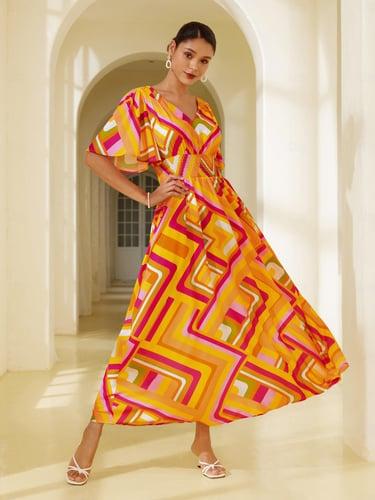 Chiffon Geometric V Neck Maxi Dress