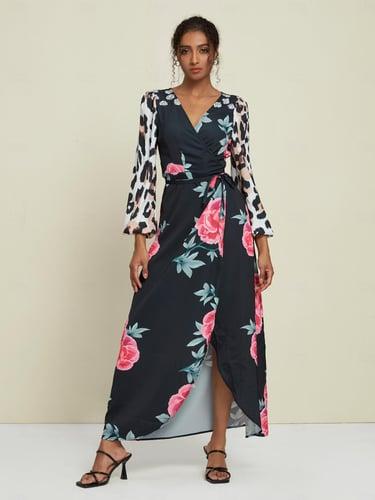 Satin Wedding Guest Floral Leopard Print Long Sleeve V Neck Maxi Dress