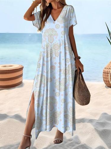 Women's Paisley Dress Casual Dress Paisley Split Print V Neck Long Dress Maxi Dress Ethnic Vacation Short Sleeve Summer
