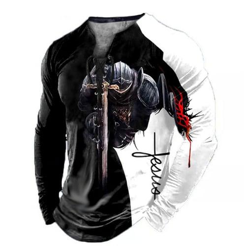 Men's Graphic Knights Templar Faith T shirt Long Sleeve T shirt 3D Print Collar Shirt Fashion Daily Outdoor Casual Holiday Going out Blue Red Green Spring &  Fall Clothing Apparel S M L XL 2XL 3XL