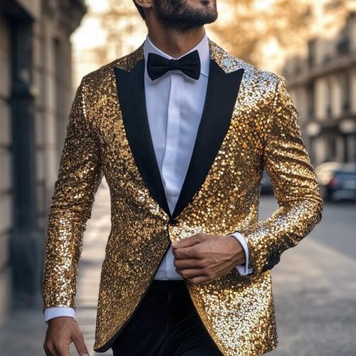 Men's Tuxedo Blazer Jacket Sequins Wedding Party Casual All Seasons Polyester Sequin Solid Colored Basic Single Breasted One-button Blazer Gold