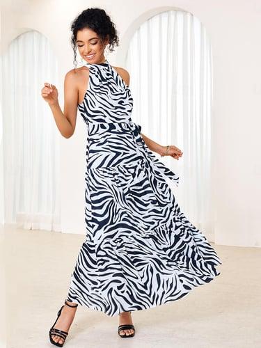 Women's Maxi Dress Sleeveless Zebra Print High Neck Flowy Skirt Black White Summer Beach Garden Party Regular Fit Sizes Available Fashion Clothing Apparel