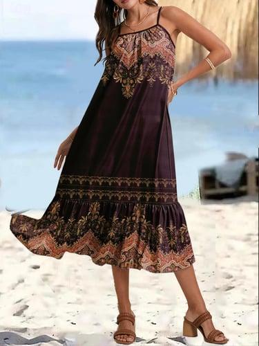 Women's Cami Dress Floral Ruffle Hem Strap Maxi Dress Bohemia Vacation Sleeveless Summer Beach