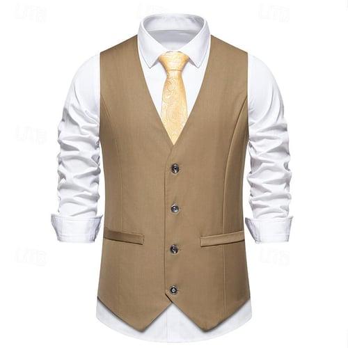 Men's Vest Gilet Daily Wear Vacation Going out Vintage Fashion Spring &  Fall Button Polyester Comfortable Plain Single Breasted V Neck Regular Fit Black Burgundy Khaki Vest