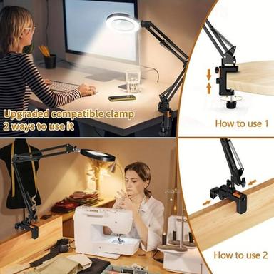 10X Magnifying Glass with Light Hands Free, 2-in-1 Stepless Dimmable LED Magnifying Desk Lamp with Stand, Craft Light Lamp with 3 Color Modes for Close Work Reading Repair Crafts