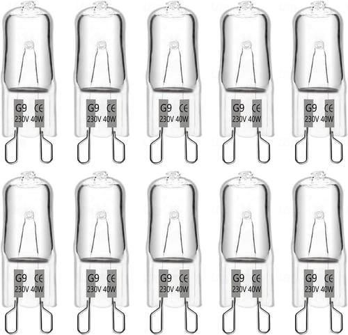 10PCS G9 40W 220V 2-Pin Halogen Bulb Warm White 3000K 360 Beam Angle for Oven Microwave Crystal Lamp Ceiling Fan Lights