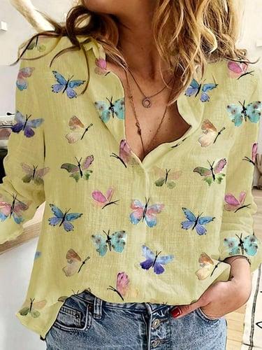 Women's Shirt Blouse Elegant Stylish Butterfly Print Long Sleeve Shirt Collar Daily White Yellow Spring Fall