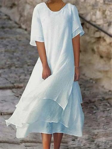 Women's Casual Dress Cotton Linen Dress White Cotton Dress Midi Dress Layered Basic Daily Crew Neck Half Sleeve Summer Spring White Blue Plain