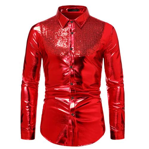 Men's Tuxedo Shirts Color Block Party Holiday Silver Red Gold Long Sleeve Turndown Spring &  Fall Clothing Apparel Sequins