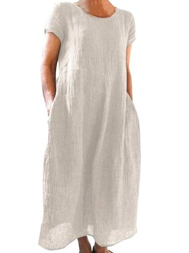 Women's White Dress Casual Dress Cotton Summer Dress Maxi Dress Linen Pocket Basic Casual Daily Vacation Beach Crew Neck Short Sleeve Summer Spring Black White Plain