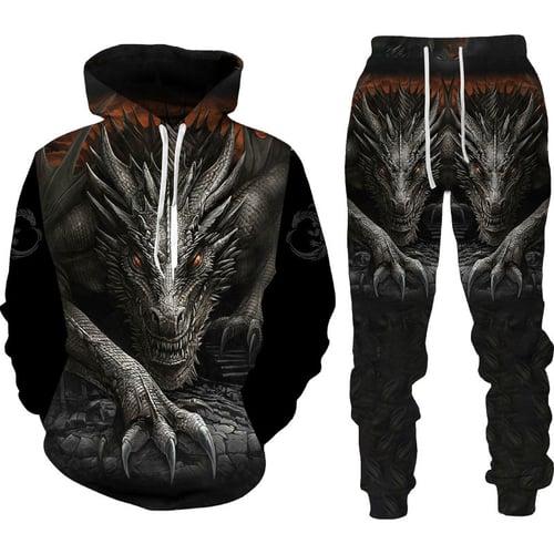 Men's Graphic Dragon 2pcs Hoodies Long Sleeve Long pants 3D Sweatshirt Sets Hooded Streetwear Designer Basic Sports & Outdoor Casual Sports Print Black Red Orange