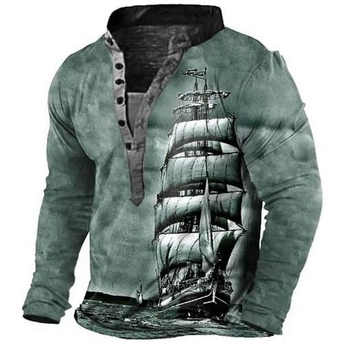 Men's Graphic Ship Henley Shirt Tee Long Sleeve 3D Print Vintage Fashion Designer Outdoor Casual Daily Spring &  Fall Blue Brown Green Gray Henley Henley T-Shirt
