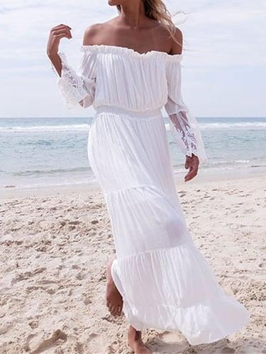 Women's White Dress White Lace Wedding Dress Beach Wear Maxi long Dress Ruffle with Sleeve Fashion Basic Plain Off Shoulder Long Sleeve Regular Fit Daily Vacation White 2023 Summer Spring S M L XL