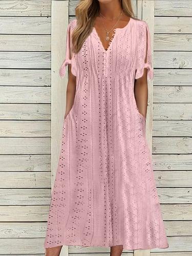Women's Casual Dress Summer Dress Pleated Dress Plain Lace Ruched V Neck Midi Dress Fashion Elegant Outdoor Daily Short Sleeve Loose Fit White Pink Blue Summer Spring S M L XL XXL