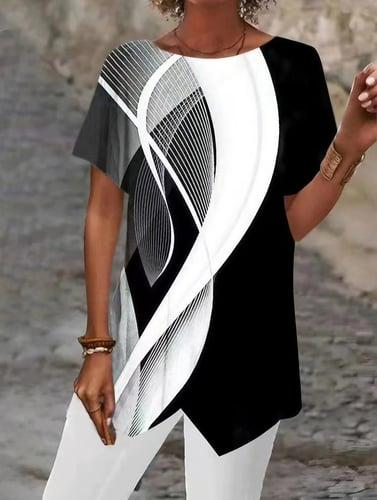 Women's Shirt Blouse Basic Abstract Print Short Sleeve Long Tops Round Neck Casual Silver Black White Blue Khaki