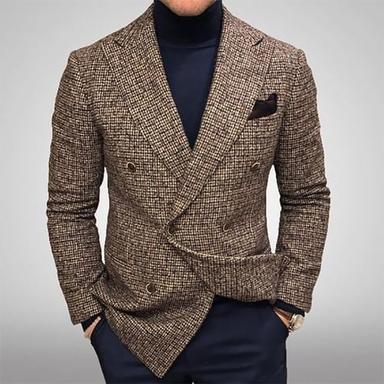 Men's Fall Tweed Wedding Casual Check/Plaid Blazer Jacket Regular Tailored Fit Leaf Santa Claus Double Breasted Six-buttons Brown Grey