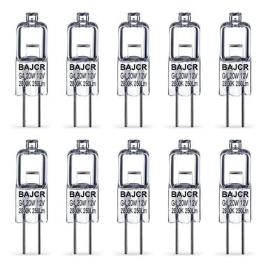 BAJCR G4 Halogen Bulb 20W, 10 Pack Dimmable G4 Light Bulb for Under Cabinet Puck Light, Chandeliers, Track Lighting, AC/DC 12 Volt, T3 JC Type Bi-Pin G4 Base, Warm White 2800K