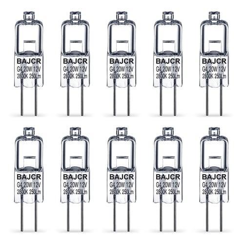 BAJCR G4 Halogen Bulb 20W, 10 Pack Dimmable G4 Light Bulb for Under Cabinet Puck Light, Chandeliers, Track Lighting, AC/DC 12 Volt, T3 JC Type Bi-Pin G4 Base, Warm White 2800K