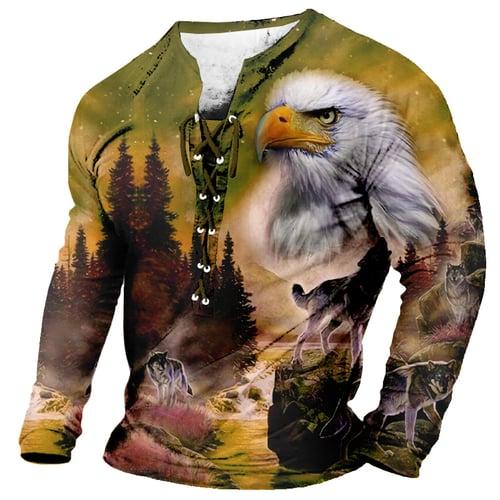 Eagle And Wolves Casual Mens 3D Shirt For | Green Winter Polyester | Men'S Tee Graphic Animal Collar Clothing Apparel 3D Print Daily Long Sleeve Lace Up Fashion Designer