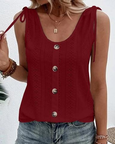 Women's Tank Top Eyelet top Dressy Tops Basic Plain Regular Tops Sleeveless Sleeveless U Neck Buttons Regular Fit Daily Weekend Light Blue claret Black White Pink