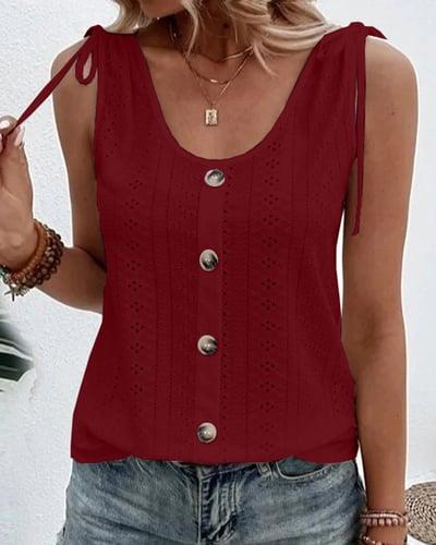 Women's Tank Top Eyelet top Dressy Tops Basic Plain Regular Tops Sleeveless Sleeveless U Neck Buttons Regular Fit Daily Weekend Light Blue claret Black White Pink