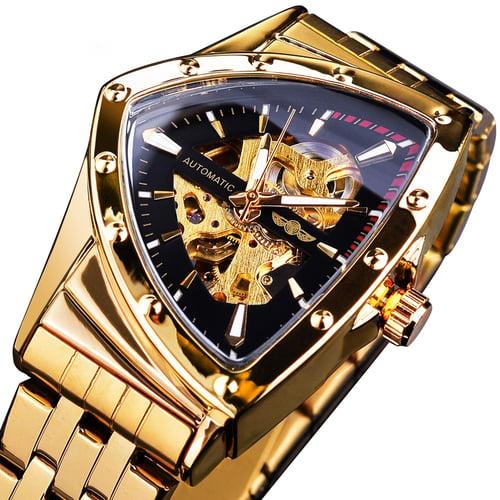 WINNER Triangle Skeleton Automatic Watch Stainless Steel Men Business Casual Irregular Triangle Mechanical Wristwatch Golden Punk Style Male Clock
