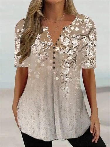 Women's T Shirt Henley Shirt Tunic Basic Floral Regular Tops Short Sleeve Round Neck Buttons Print Regular Fit Holiday Weekend Grass Green Light Green Red Blue Brown