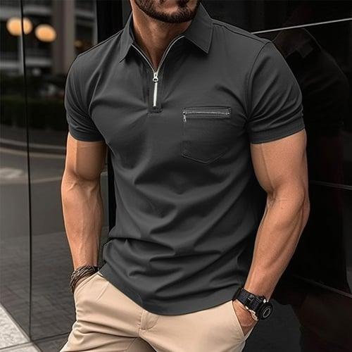 Men's Polo Shirt Golf Shirt Casual Holiday Lapel Quarter Zip Short Sleeve Fashion Basic Plain Quarter Zip Summer Regular Fit Black Blue Green Gray Polo Shirt